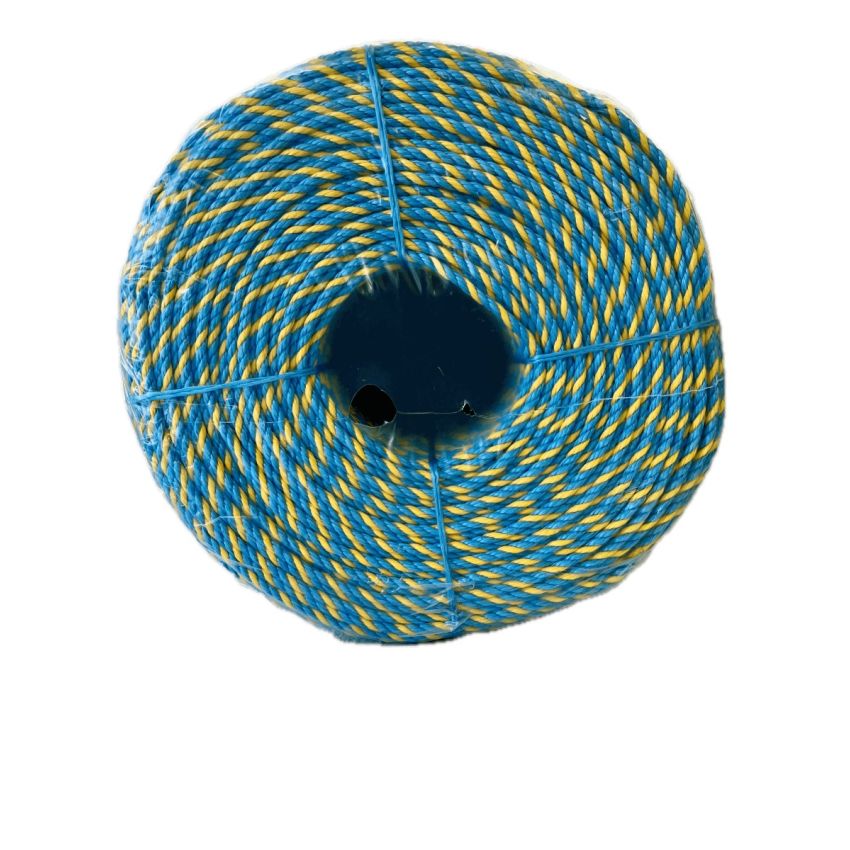 Coiled TYMATE Telstra Rope, 6mm blue and yellow polypropylene strands