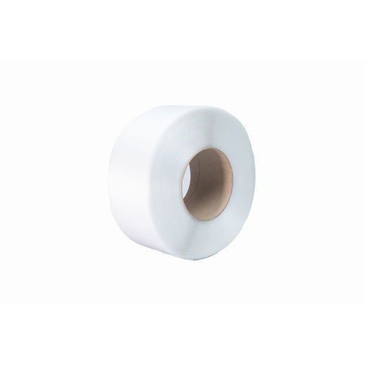 White plastic packaging strapping roll coiled on cardboard core, isolated on white background