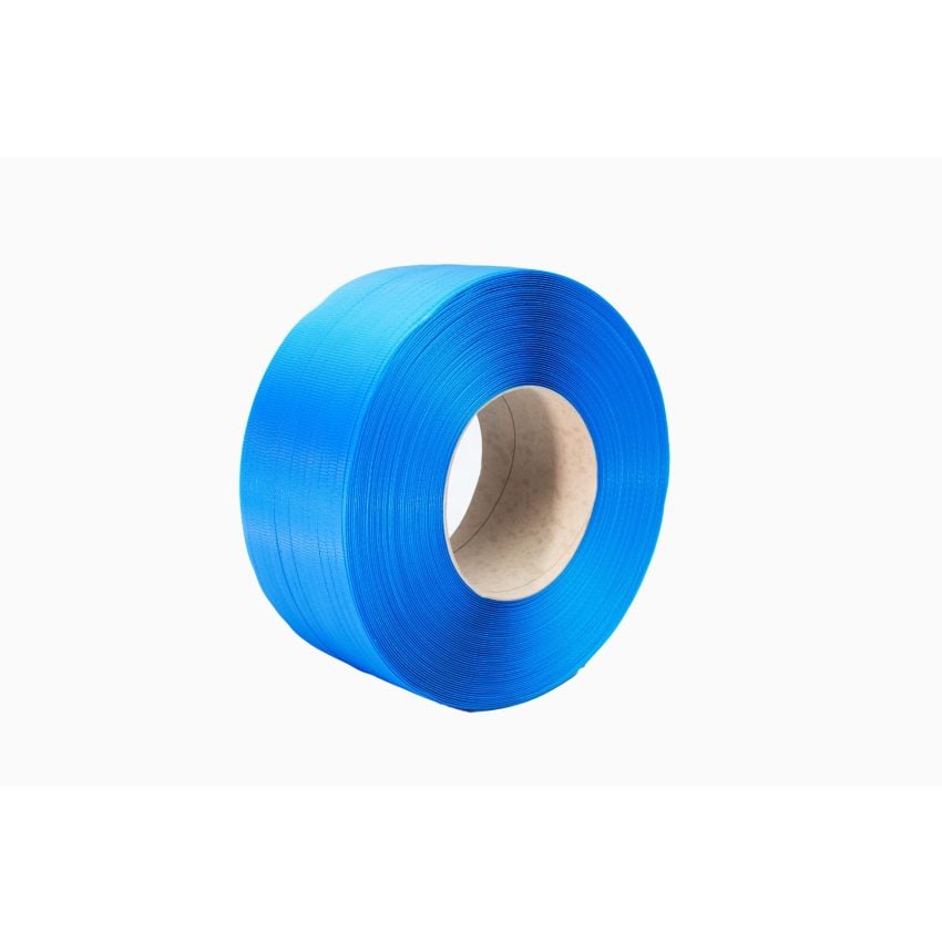 Blue polypropylene (PP) strapping roll coiled on cardboard core, packing/pallet strap on white background