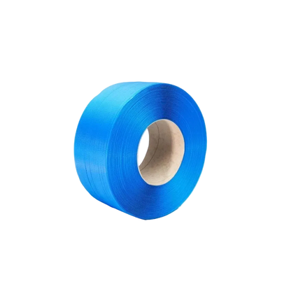 Blue polypropylene machine strapping roll, 12mm wide, on a neutral background