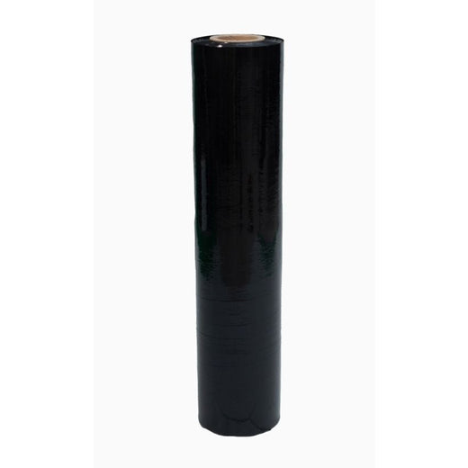 Black pallet stretch wrap roll standing upright on white background, cling film on cardboard core