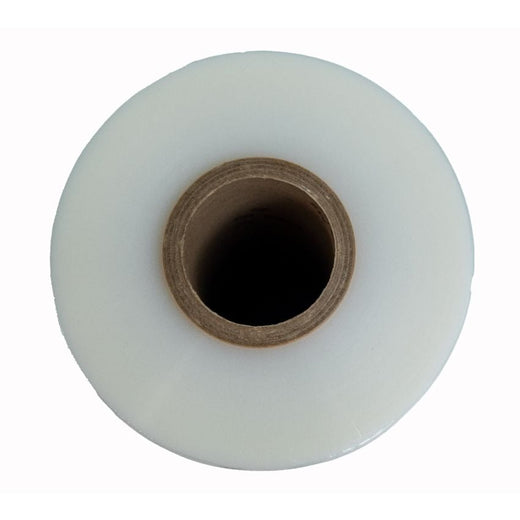 Clear pallet stretch film roll on cardboard core, top view on white background