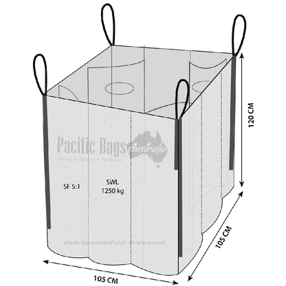 1.25 Tonne - Food Grade - Baffle Spout Top Spout Bottom - Bulk Bag - 105 x 105 x 120 CM