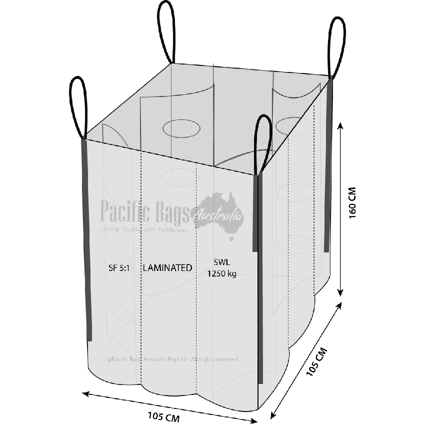 1.25 Tonne - Food Grade - Laminated Spout Top Spout Bottom - Bulk Bag - 105 x 105 x 160 CM