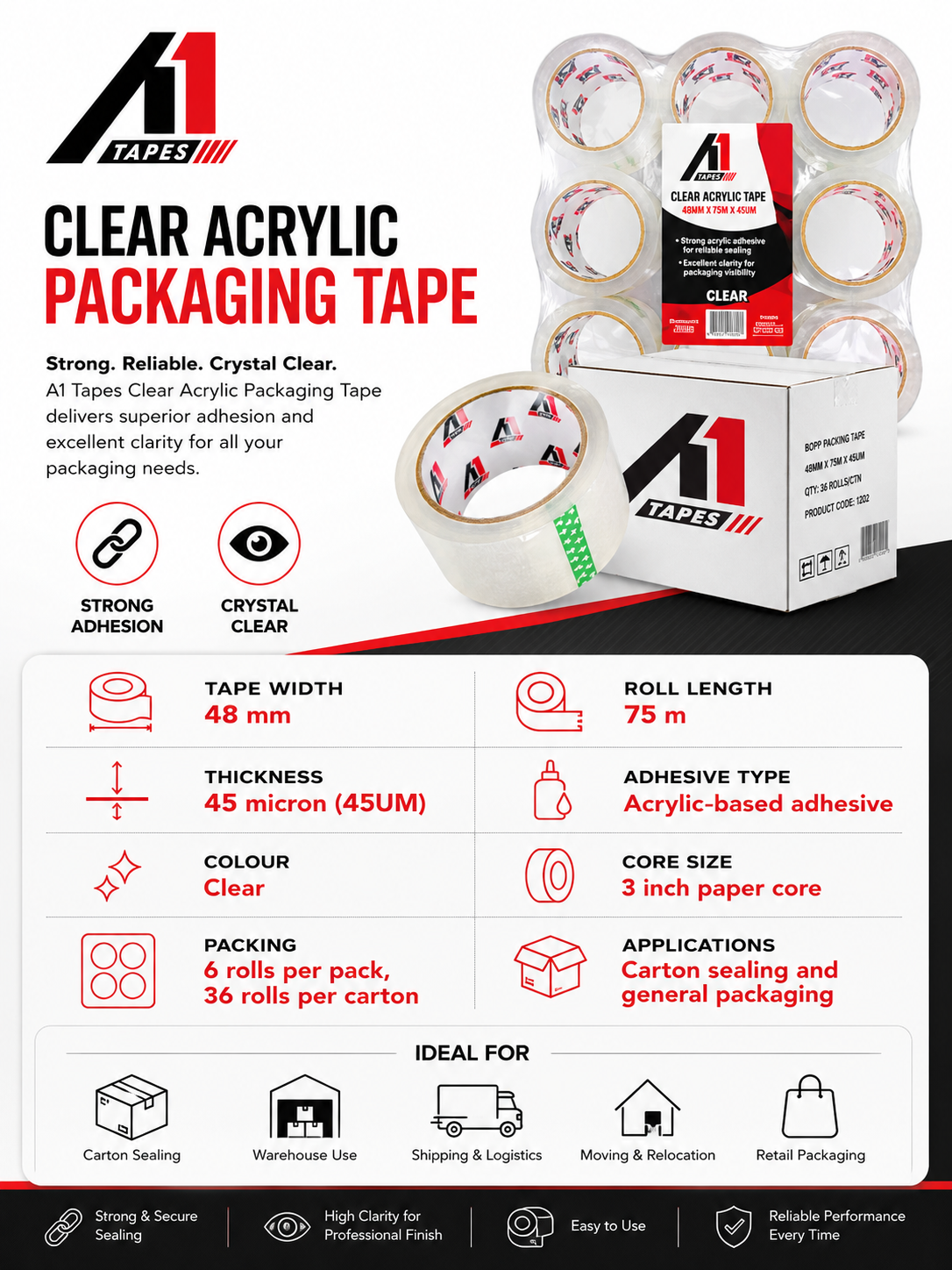 A1 Tapes clear acrylic packaging tape 48mm x 75m x 45UM product information graphic