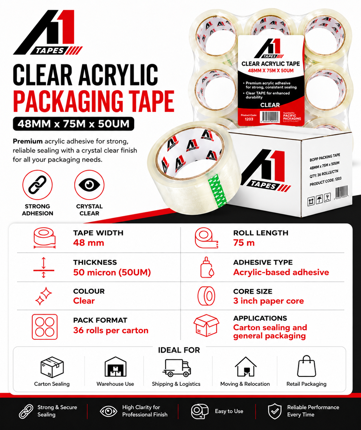 A1 Tapes clear acrylic packing tape 48mm x 75m x 50um product information graphic