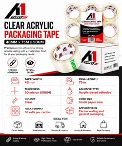 A1 Tapes clear acrylic packing tape 48mm x 75m x 50um product information graphic