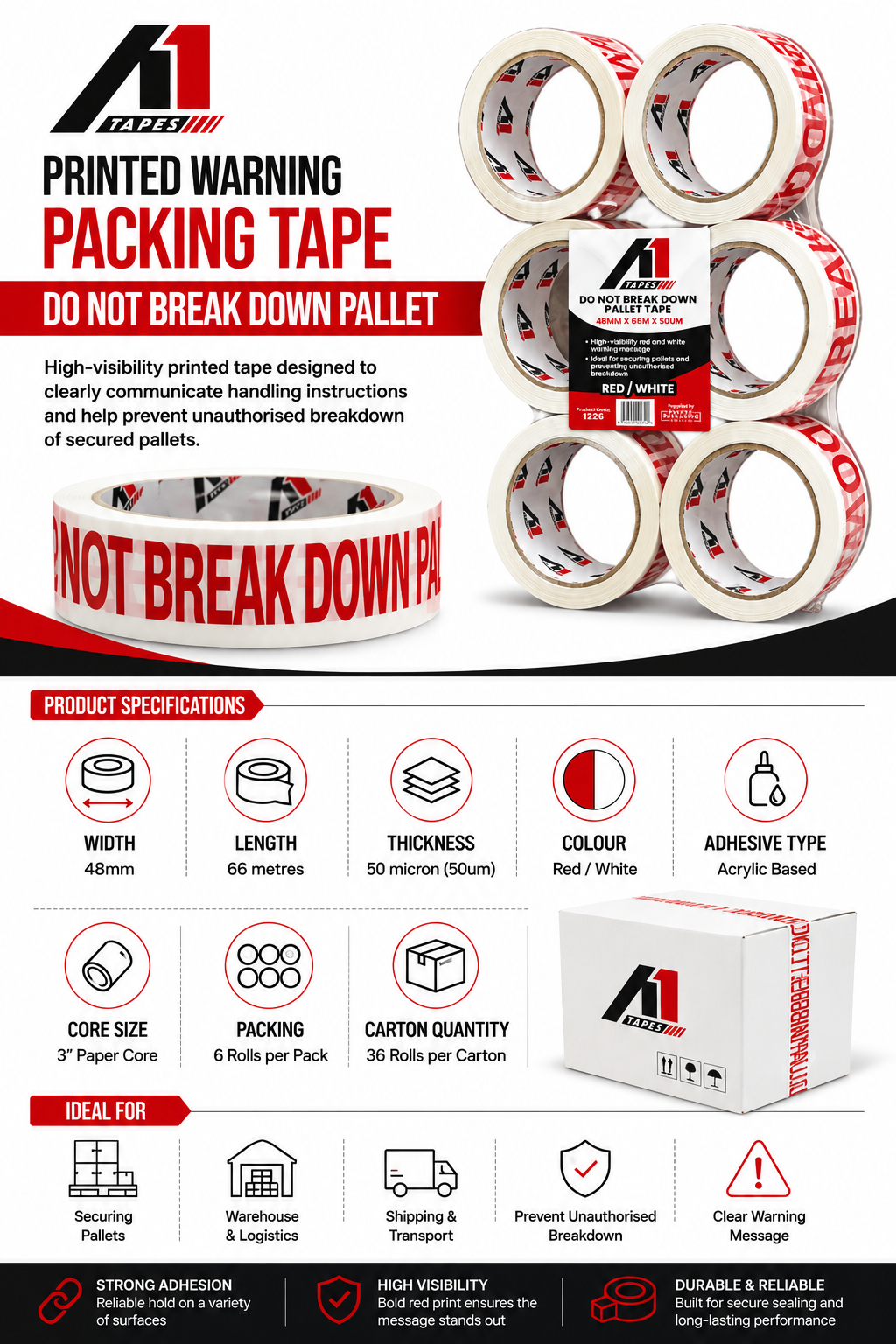 A1 Tapes Do Not Break Down Pallet Tape Red/White 48mm x 66m x 50um, 36 Rolls/Carton