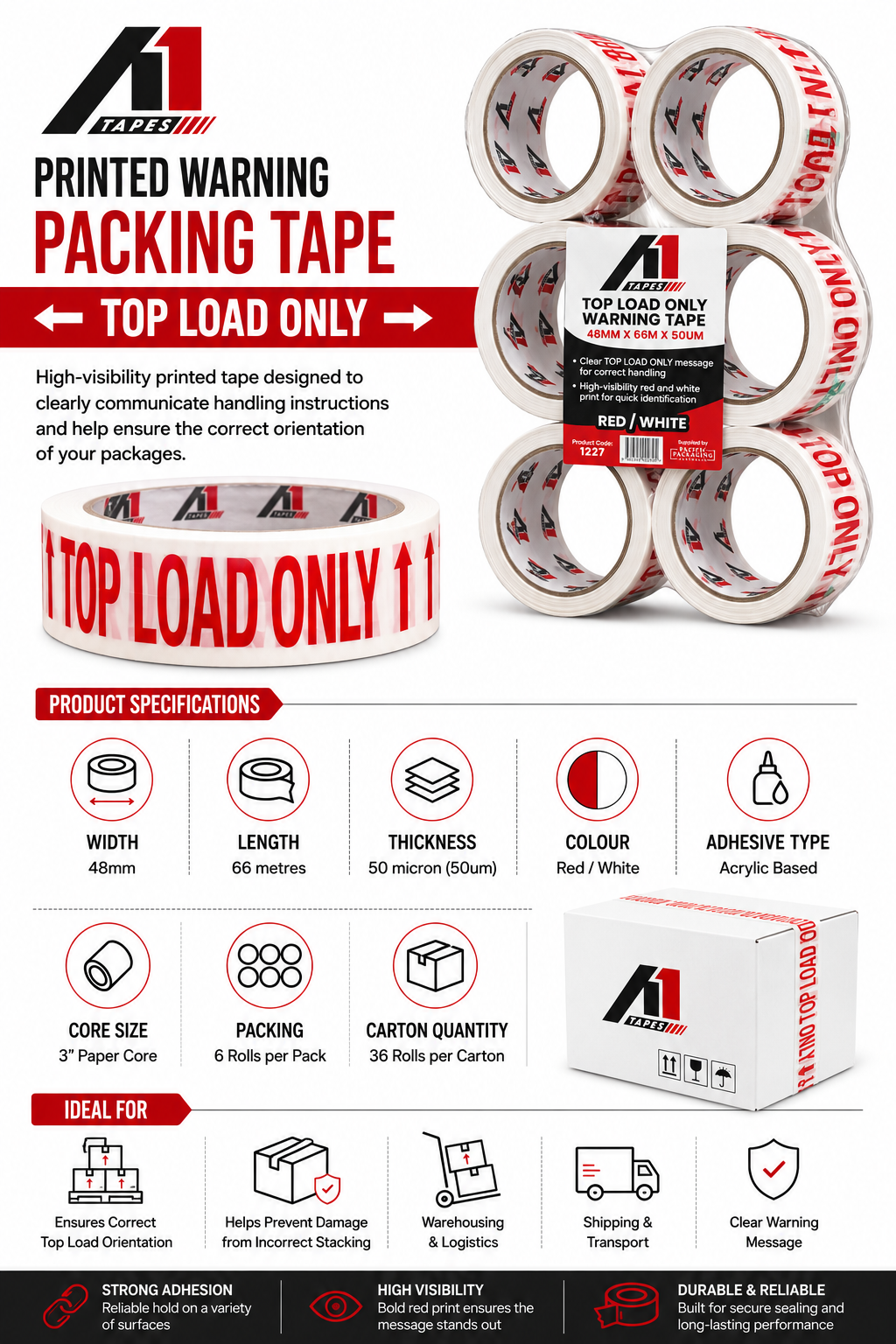 A1 Tapes Top Load Printed Tape Red/White 48mm x 66m x 50um, 36 Rolls/Carton