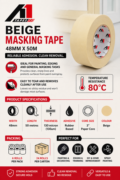 A1 Tapes Beige Masking Tape 48mm x 50m x 130um, 24 Rolls/Carton