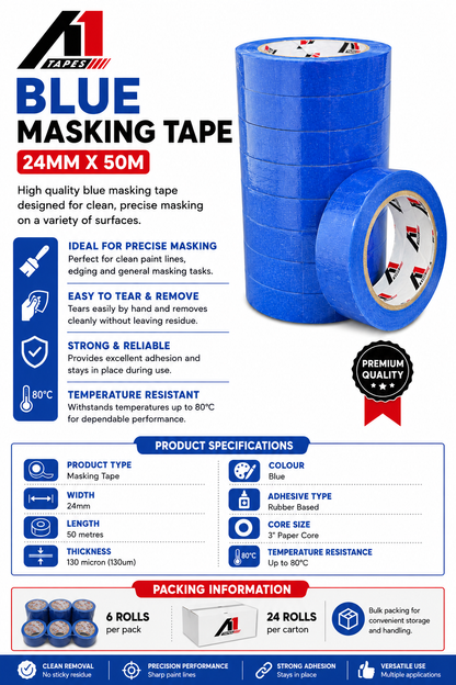 A1 Tapes Blue Masking Tape 24mm x 50m x 130um, 36 Rolls/Carton
