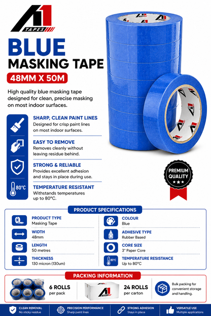 A1 Tapes Blue Masking Tape 48mm x 50m x 130um, 24 Rolls/Carton