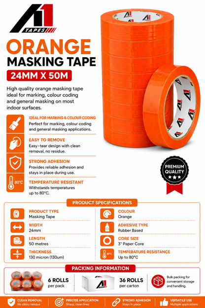 A1 Tapes Orange Masking Tape 24mm x 50m x 130um, 36 Rolls/Carton