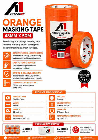 A1 Tapes Orange Masking Tape 48mm x 50m x 130um, 24 Rolls/Carton