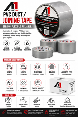 A1 Tapes Silver PVC Duct Tape 48mm x 30m x 130um, 36 Rolls/Carton