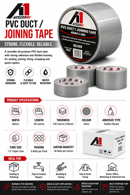 A1 Tapes Silver PVC Duct Tape 48mm x 30m x 130um, 36 Rolls/Carton