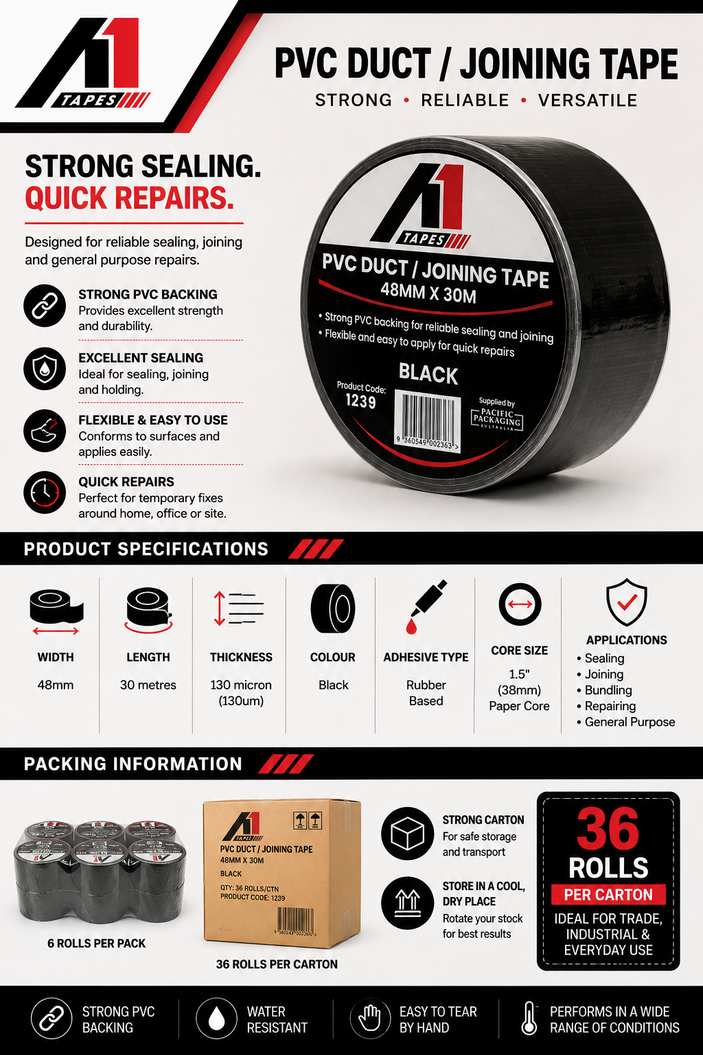 A1 Tapes Black PVC Duct Tape 48mm x 30m x 130um, 36 Rolls/Carton