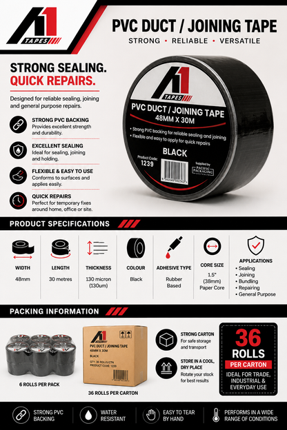 A1 Tapes Black PVC Duct Tape 48mm x 30m x 130um, 36 Rolls/Carton