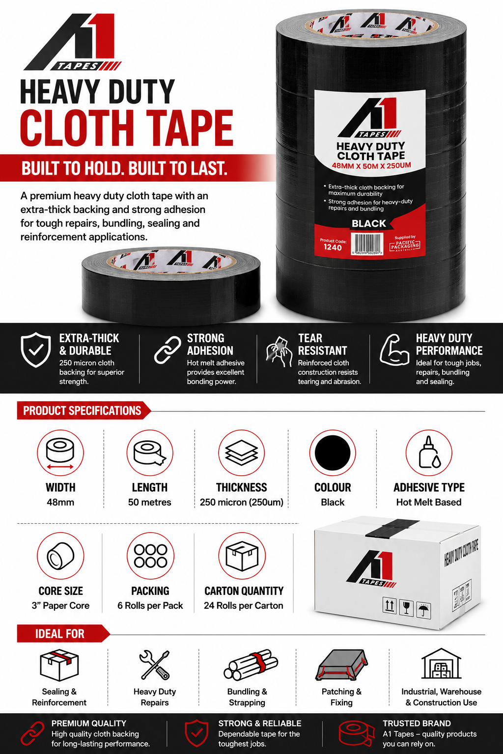 A1 Tapes Black Cloth Tape 48mm x 50m x 250um