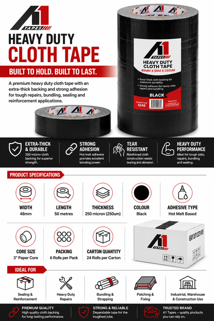 A1 Tapes Black Cloth Tape 48mm x 50m x 250um