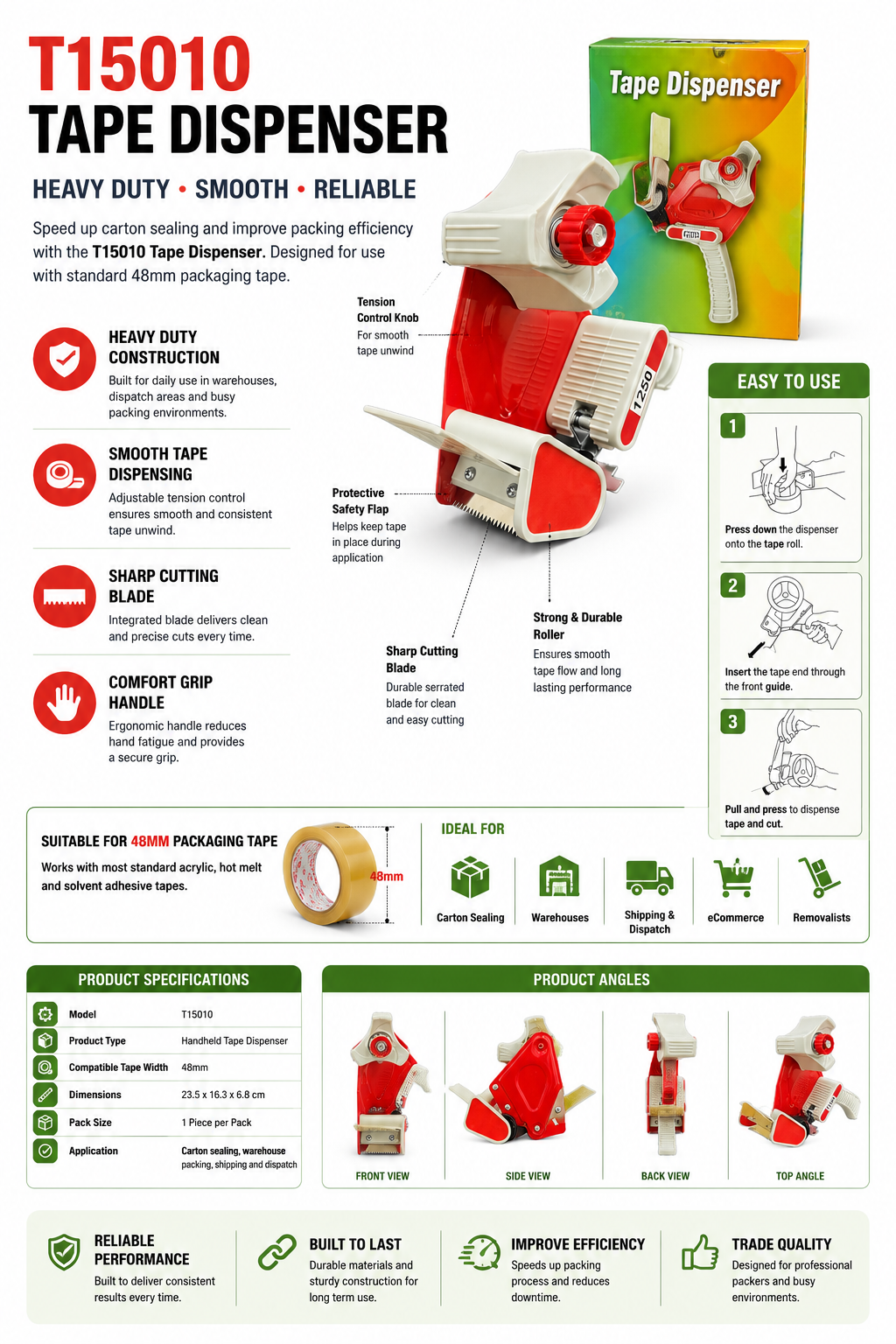 Product information sheet for a tape dispenser with features and usage instructions.