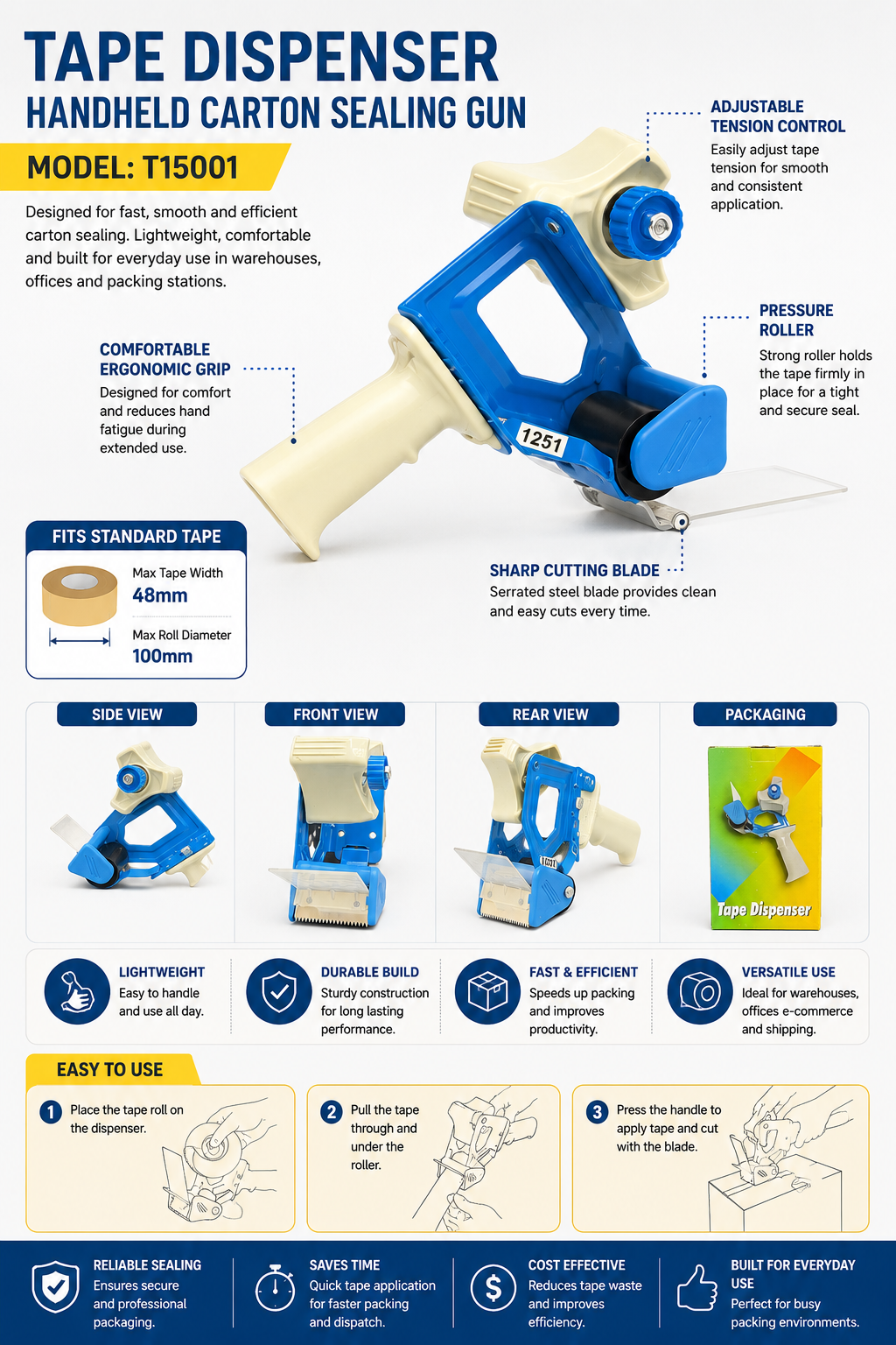 A1 Tapes® Packaging Tape Dispenser Gun, Handheld Carton Sealing Tape Applicator (T15001)