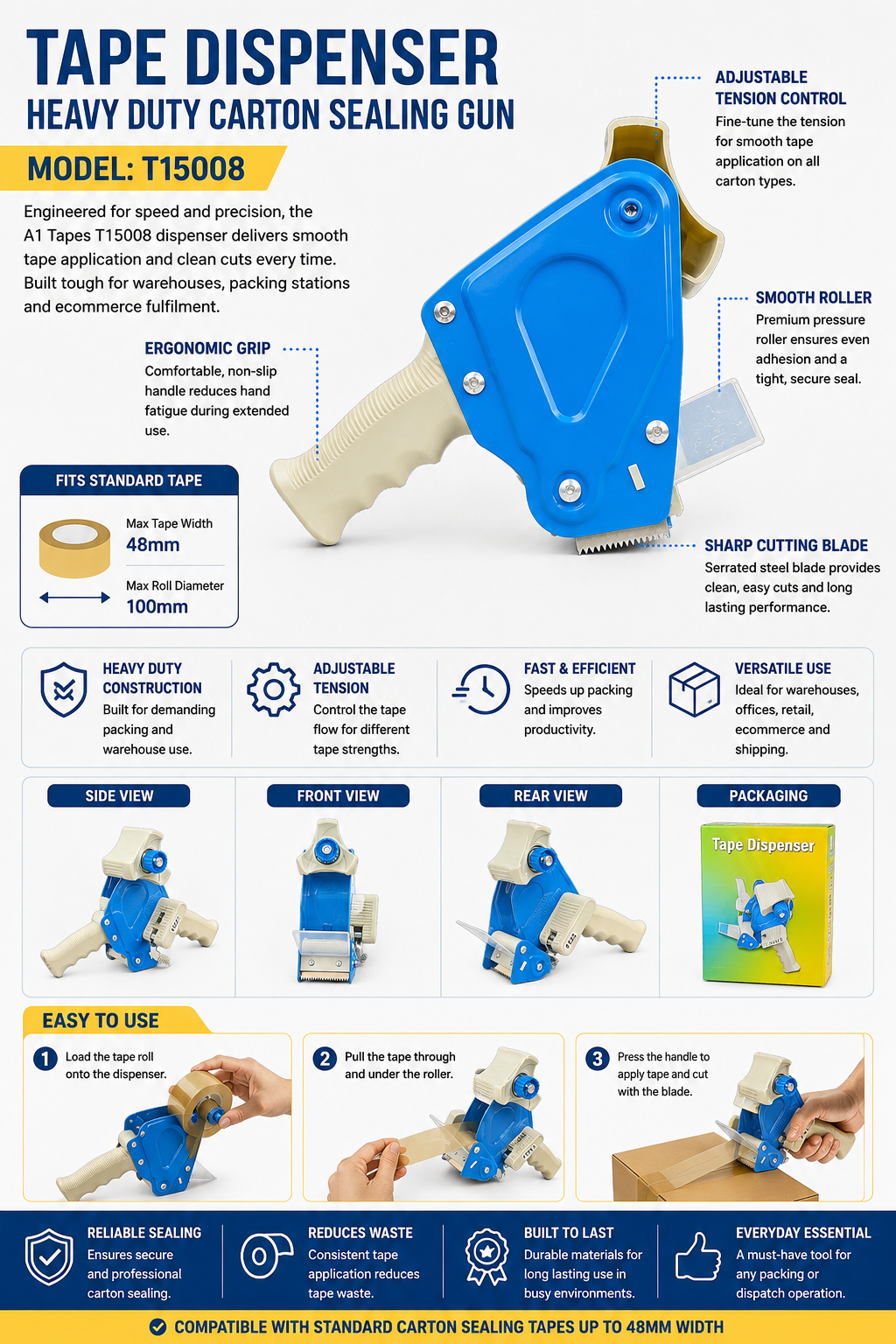 A1 Tapes® Heavy Duty Packaging Tape Dispenser Gun, Adjustable Carton Sealing Tape Applicator (T15008)