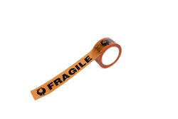 Roll of orange tape with 'FRAGILE' text on a white background