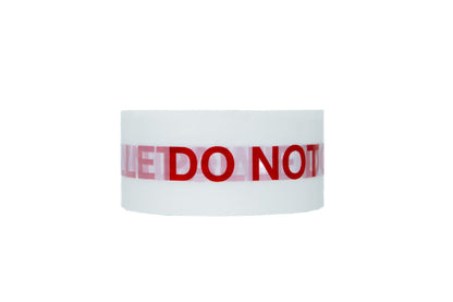 White tape with red text on a white background