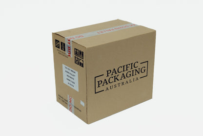 Cardboard box with 'Pacific Packaging Australia' branding on a white background