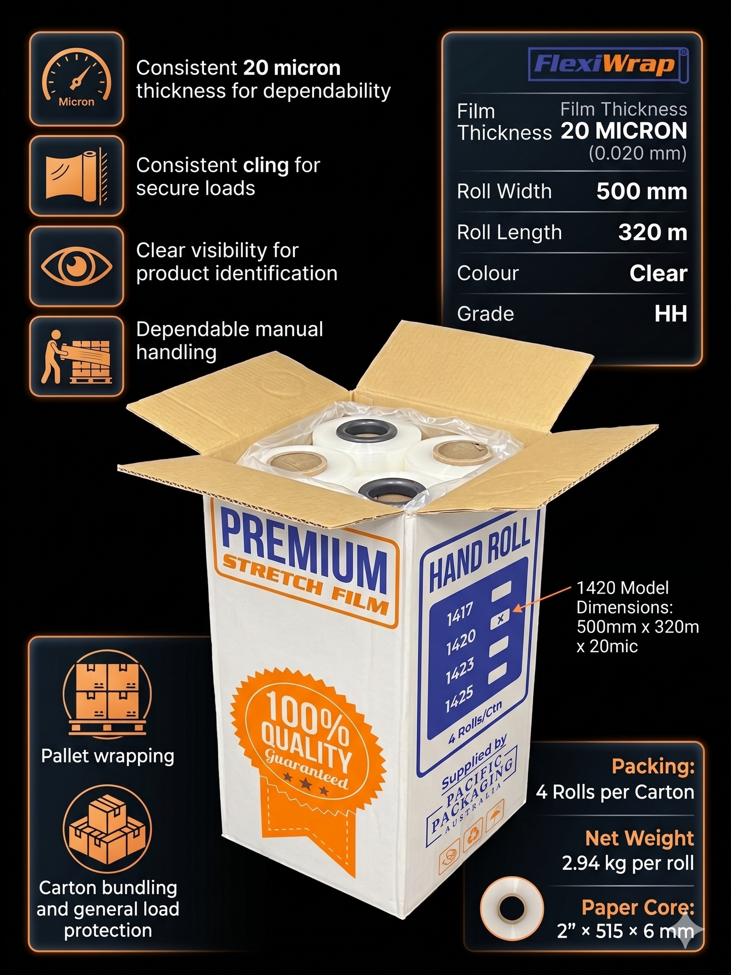 Clear hand stretch film roll with 500mm width and 320m length label visible
