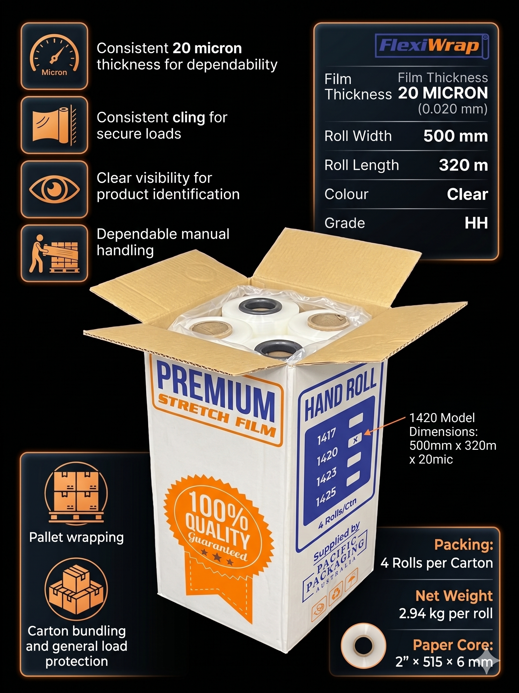 Clear hand stretch film roll with 500mm width and 320m length label visible
