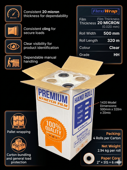 Clear hand stretch film roll with 500mm width and 320m length label visible