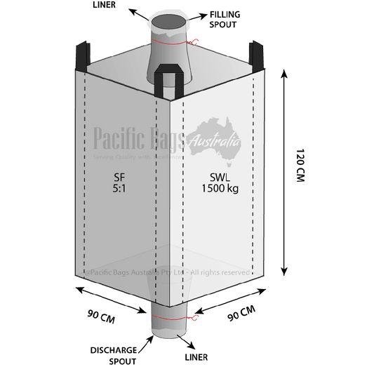 1.5 Tonne - Spout Top Spout Bottom - Liner Bulk bag - 90 x 90 x 120 cm