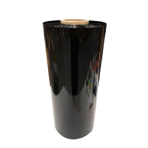 Black stretch film roll with cardboard core standing upright on white background for pallet wrap packaging