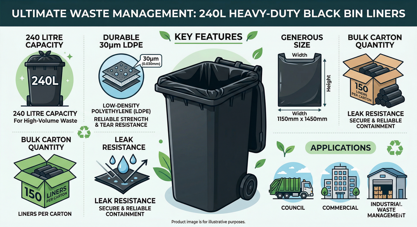 240 Litre Heavy Duty Black Bin Liner / Garbage Bags ( 150 Bags / Carton)