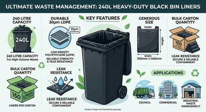 240 Litre Heavy Duty Black Bin Liner / Garbage Bags ( 150 Bags / Carton)