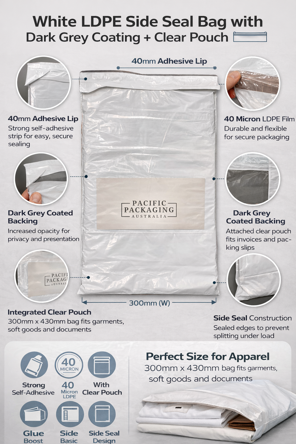 White Courier Air LDPE Bags - 300 x 430mm + 40mm Lip with clear pouch