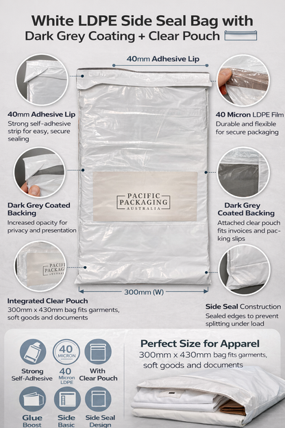 White Courier Air LDPE Bags - 300 x 430mm + 40mm Lip with clear pouch