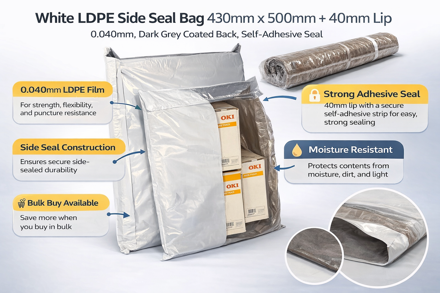 White Courier Air LDPE Bags - 430mm x 500mm + 40mm Lip