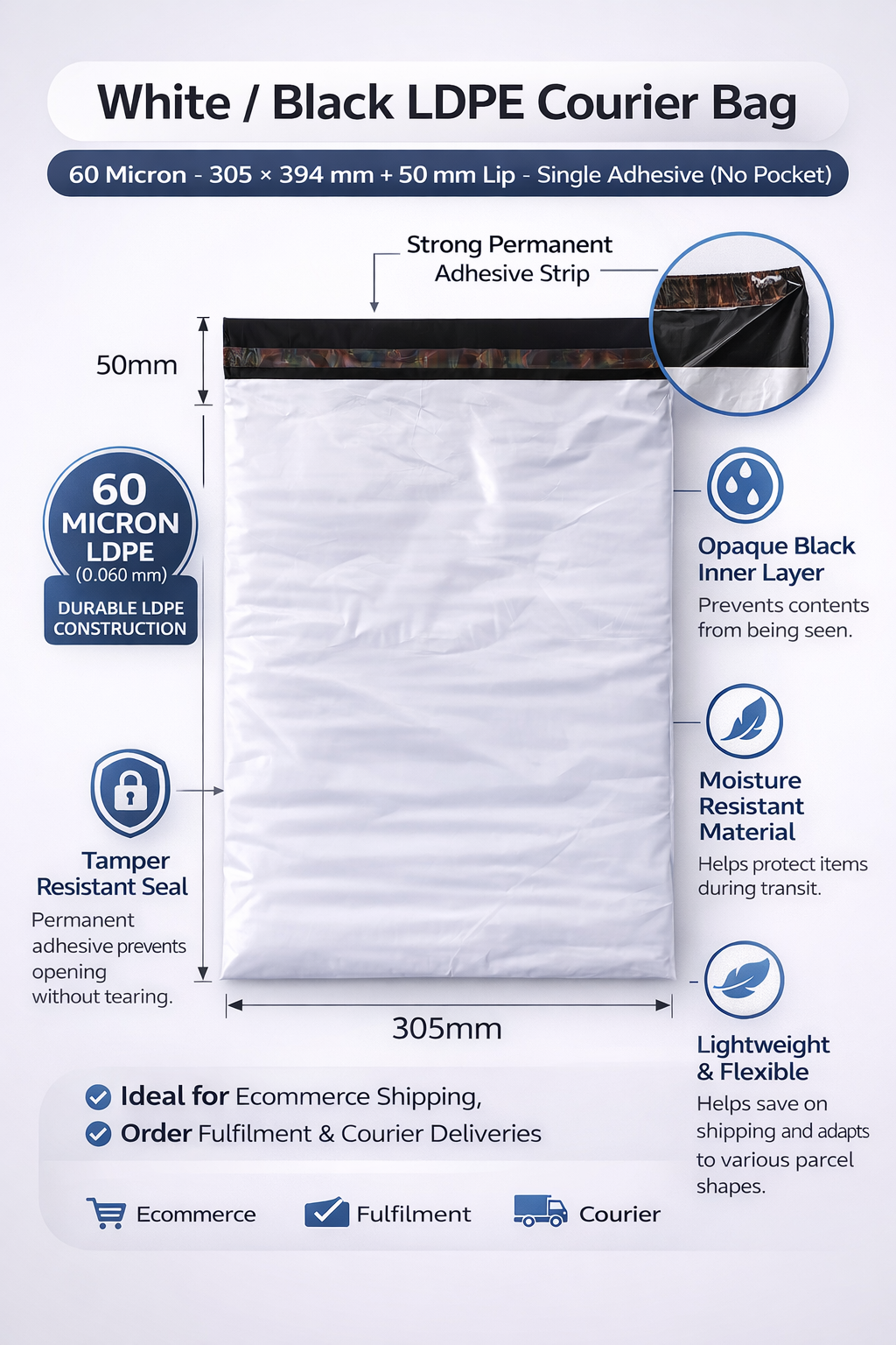 White Courier Air LDPE Bags – 60 Micron – 305 × 394 mm + 50 mm Lip – Single Adhesive (No Pocket)