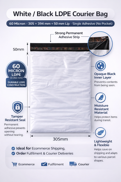 White Courier Air LDPE Bags – 60 Micron – 305 × 394 mm + 50 mm Lip – Single Adhesive (No Pocket)