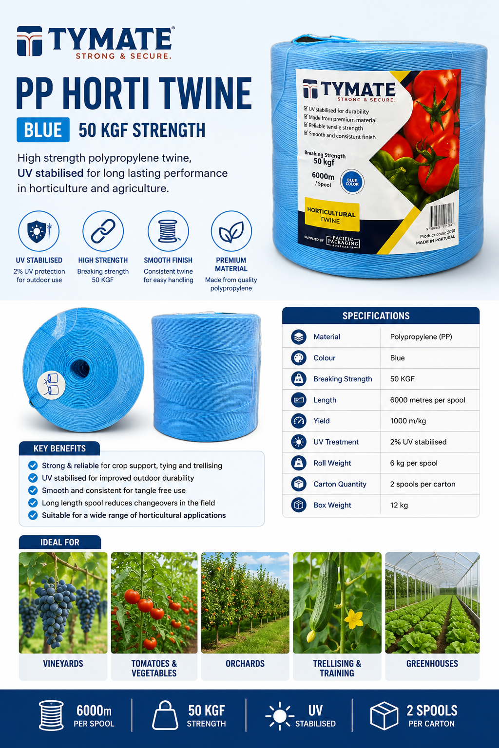Blue polypropylene horticultural twine on spool, front view, with label