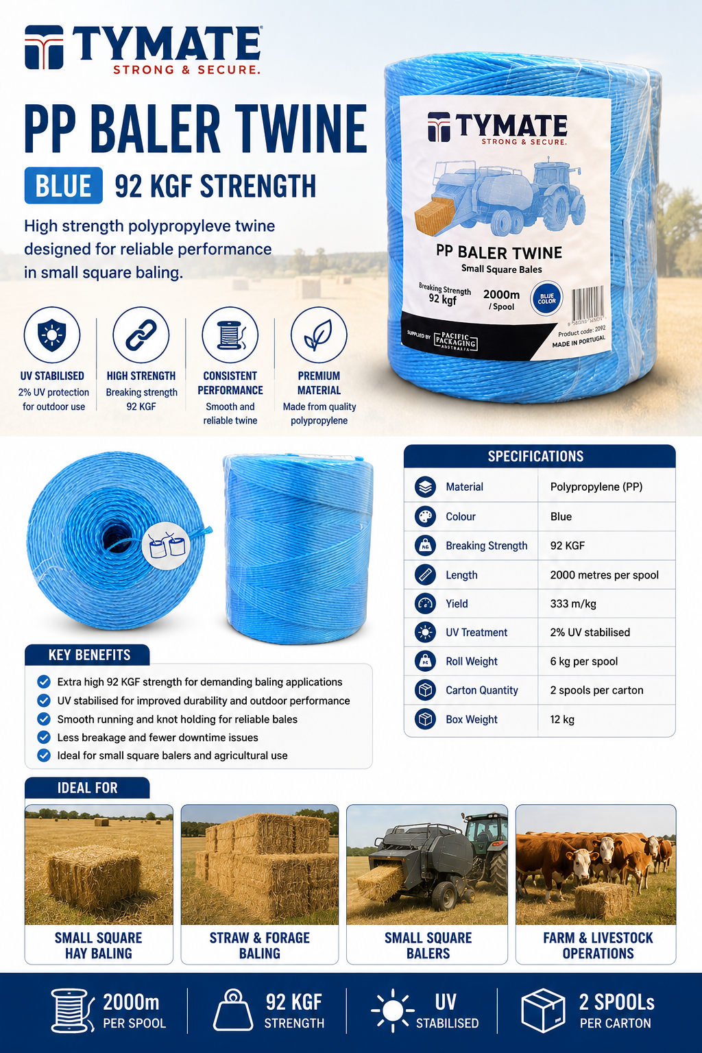 TYMATE PP Baler Twine spool with blue twine wrapped around