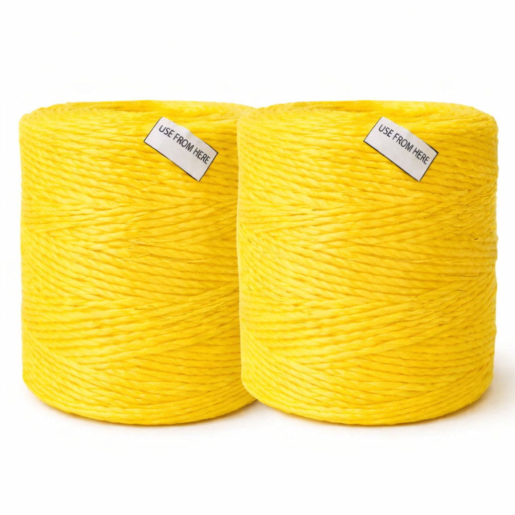 Yellow poly bale twine coil with visible texture and label