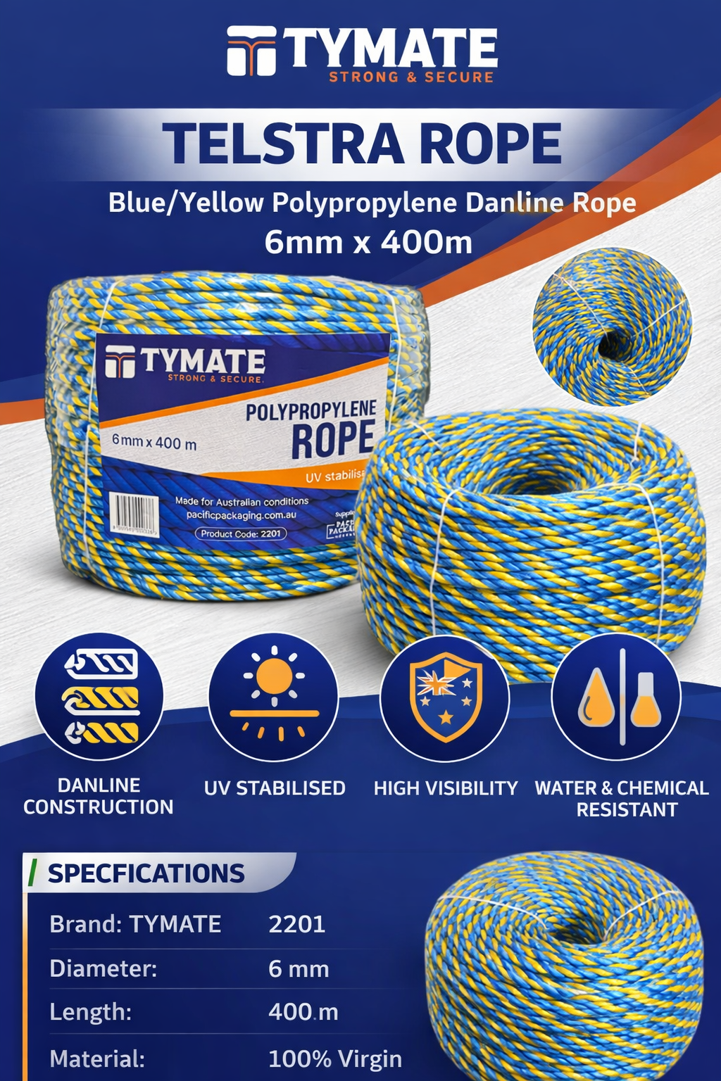 TYMATE Telstra Rope – 6mm x 400m Blue/Yellow Polypropylene Danline Rope, 3 Strand Coil