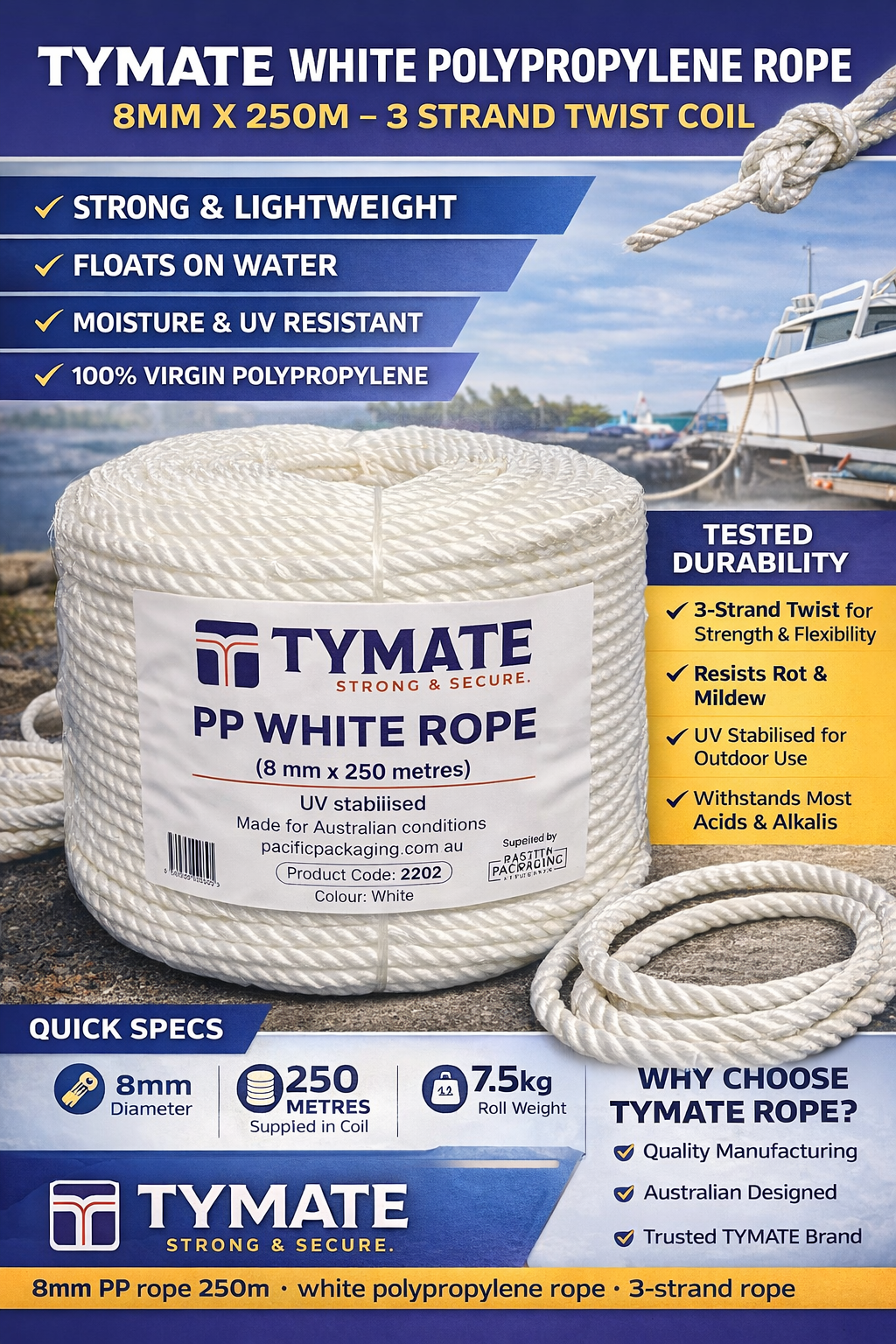 TYMATE White Polypropylene Rope 8mm x 250m – 3 Strand Twist Coil