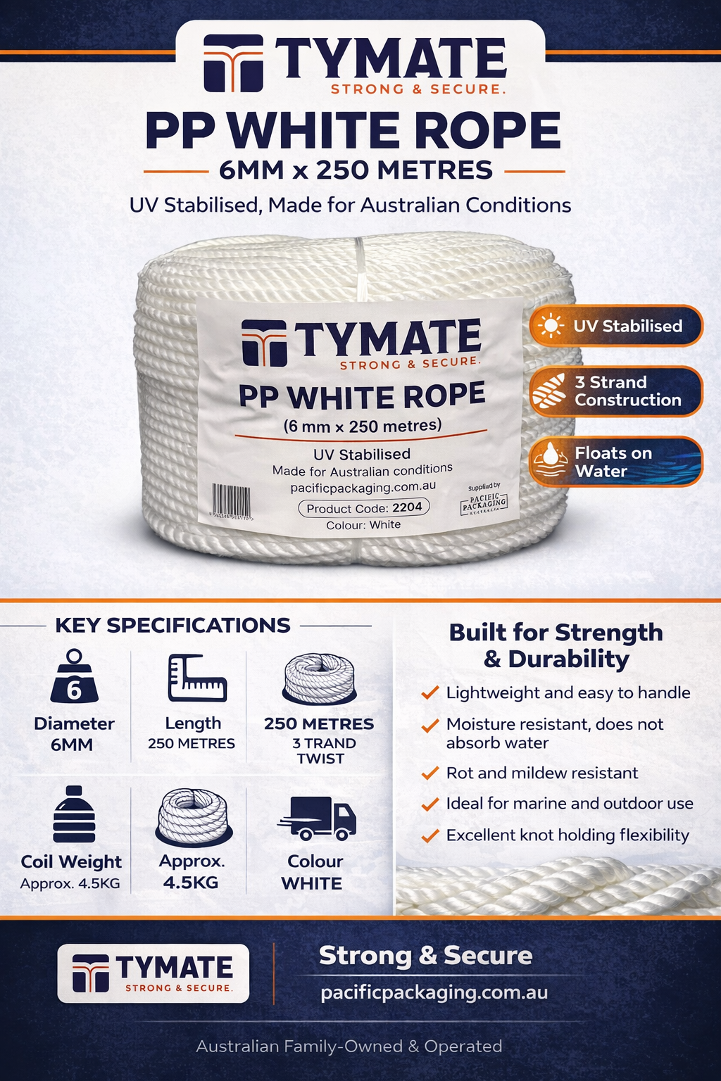 TYMATE White Polypropylene Rope 6MM x 250M – 3 Strand Coil