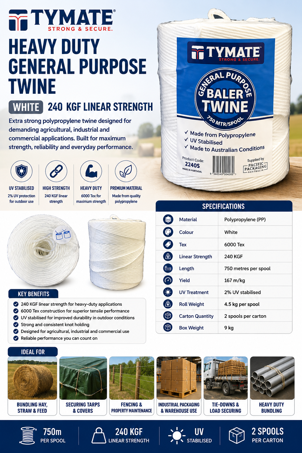 White TYMATE Heavy Duty PP twine spool with label showing product details