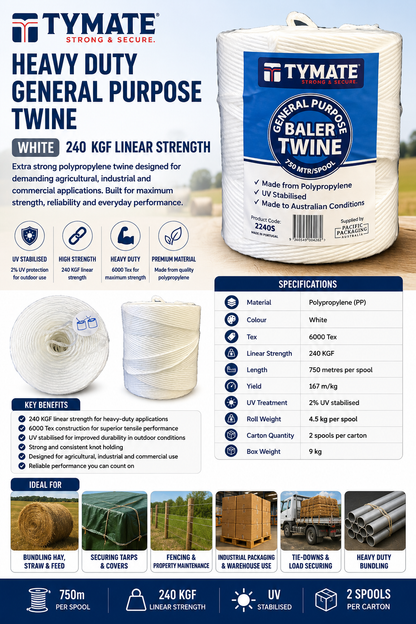 White TYMATE Heavy Duty PP twine spool with label showing product details